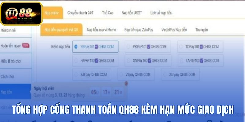 Danh sách cổng giao dịch nạp tiền QH88 chi tiết